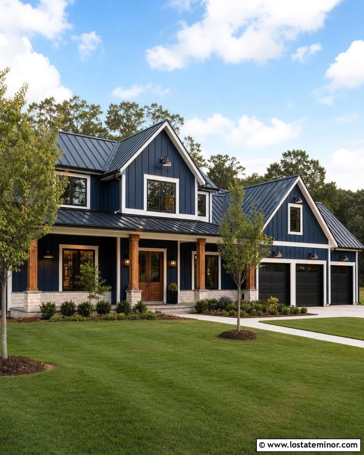 Midnight Blue House With Metal Roof And Barn Lights - 30 Midnight Blue House Design With Lighting Ideas