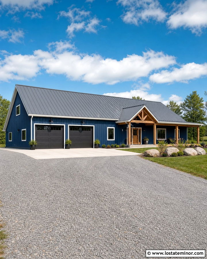 Midnight Blue House With Metal Roof And Gravel Driveway - 30 Midnight Blue House Design With Driveway Ideas