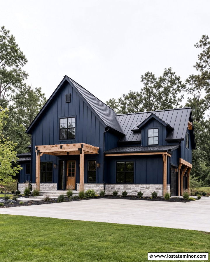 Midnight Blue House With Metal Roof Pergola - 30 Midnight Blue House Design With Pergola Ideas
