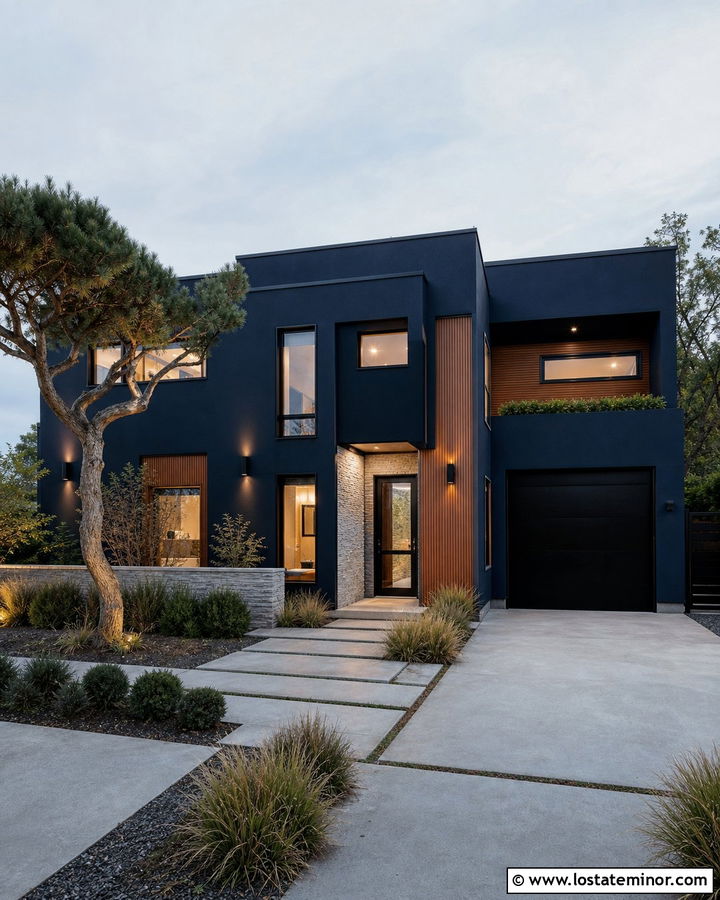 Midnight Blue House With Minimalist Box Sconces - 30 Midnight Blue House Design With Light Fixtures Ideas