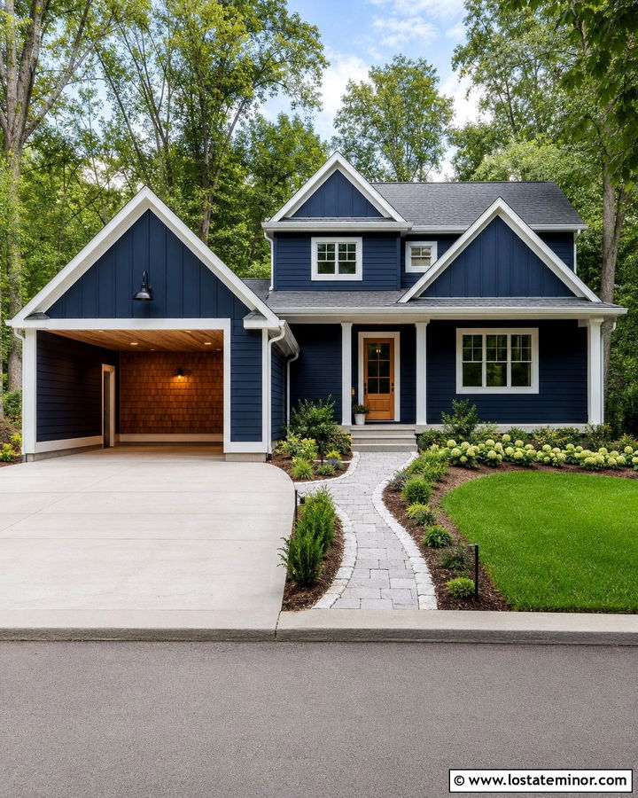Midnight Blue House With Mixed Siding Carport - 30 Midnight Blue House Design With Carport Ideas
