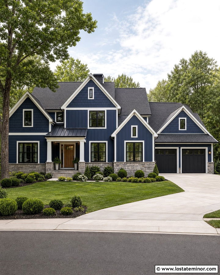Midnight Blue House With Mixed Siding Gables - 30 Midnight Blue House Design With Gables Ideas