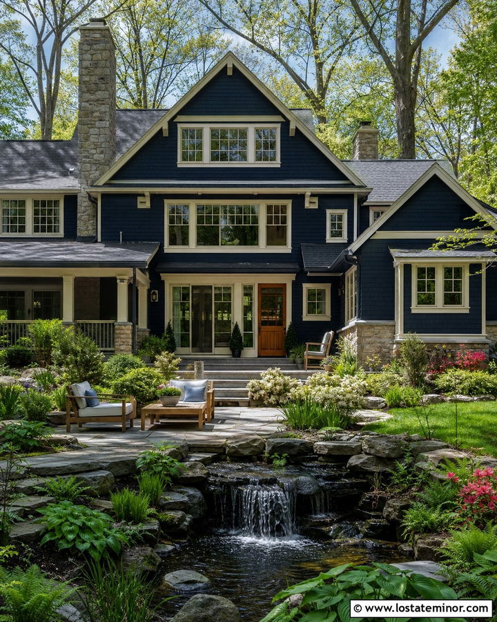Midnight Blue House With Mixed Stone And Water Garden - 30 Midnight Blue House Design With Backyard Ideas