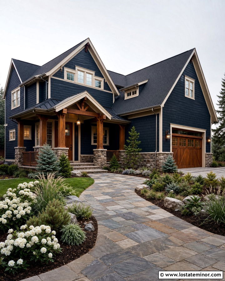 Midnight Blue House With Mixed Stone Walkway - 30 Midnight Blue House Design With Walkway Ideas