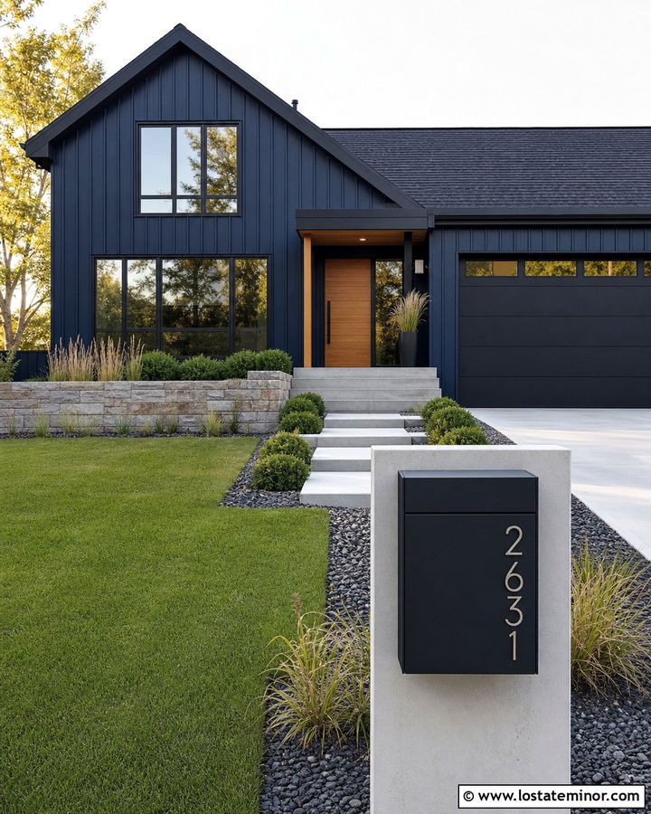 Midnight Blue House With Modern Address Mailbox - 30 Midnight Blue House Design With Mailbox Ideas