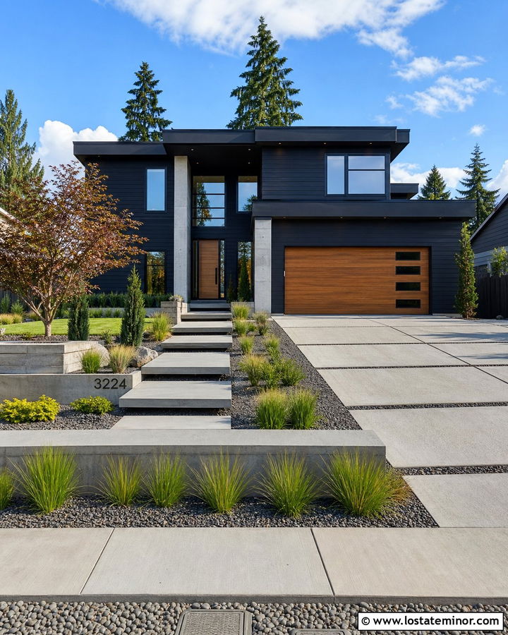 Midnight Blue House With Modern Concrete Landscaping - 30 Midnight Blue House Design With Landscaping Ideas