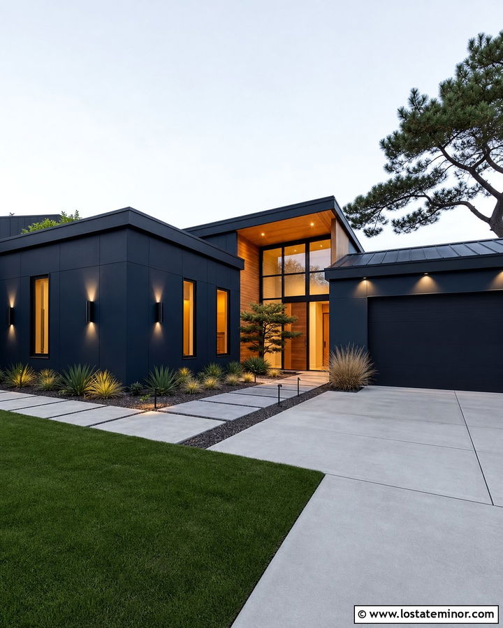 Midnight Blue House With Modern Cylinder Sconces - 30 Midnight Blue House Design With Light Fixtures Ideas