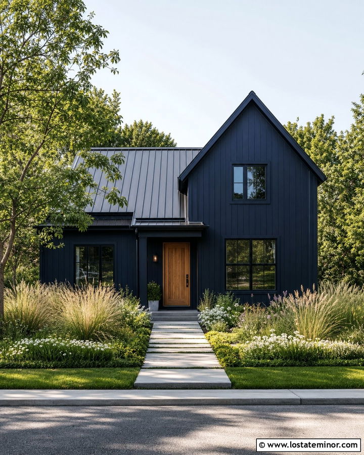 Midnight Blue House With Modern Meadow Yard - 30 Midnight Blue House Design With Front Yard Ideas