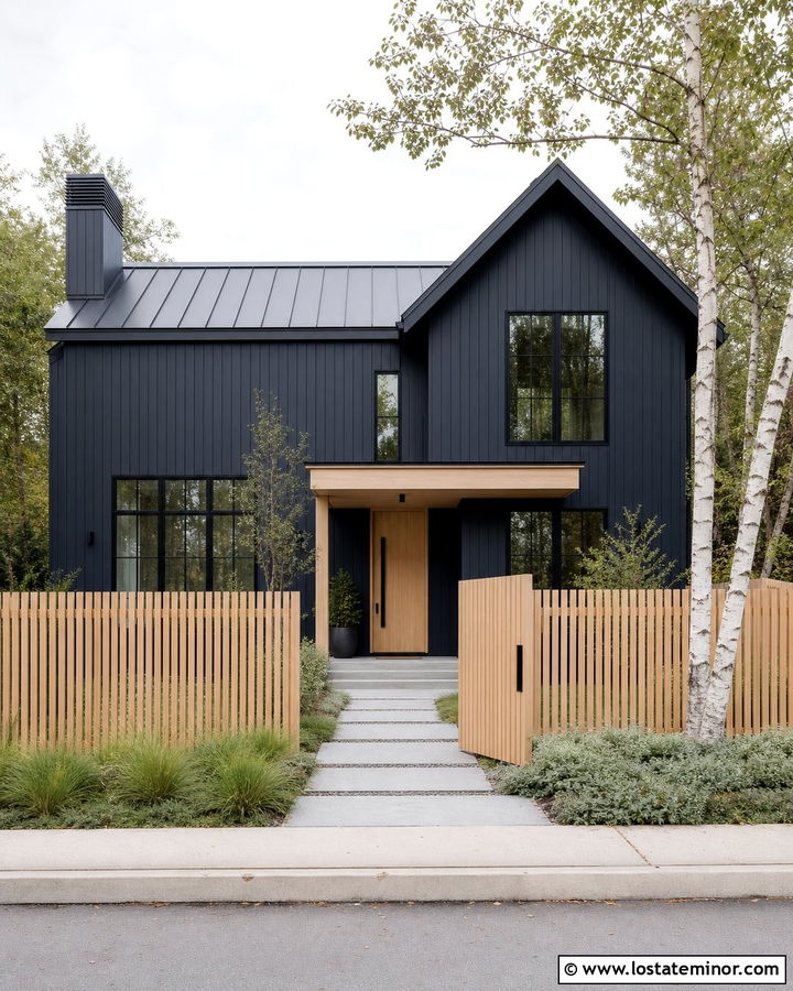 Midnight Blue House With Modern Slat Fence - 30 Midnight Blue House Design With Fence Ideas