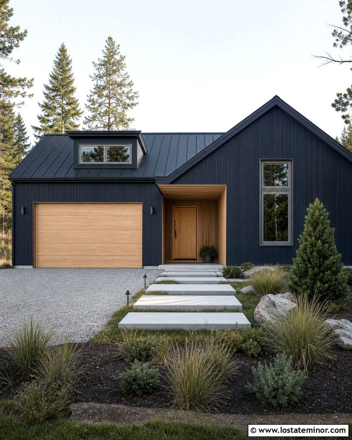 Midnight Blue House With Natural Oak Garage Door - 30 Midnight Blue House Design With Garage Door Ideas