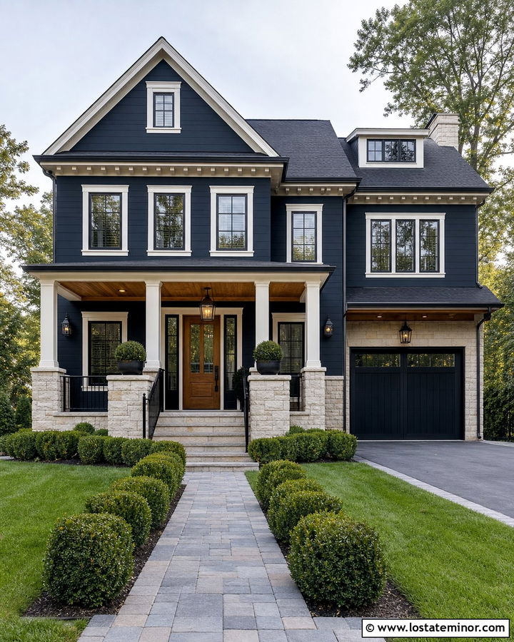 Midnight Blue House With Natural Oak Porch Ceiling - 30 Midnight Blue House Design With Porch Ceiling Ideas