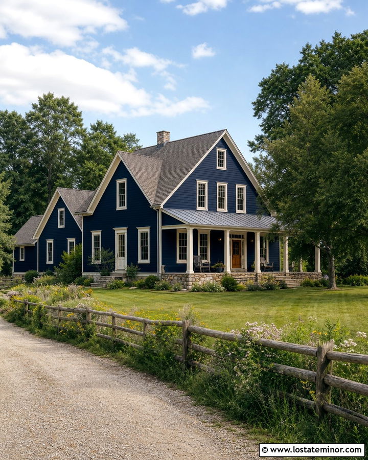 Midnight Blue House With Natural Split Rail Fence - 30 Midnight Blue House Design With Fence Ideas