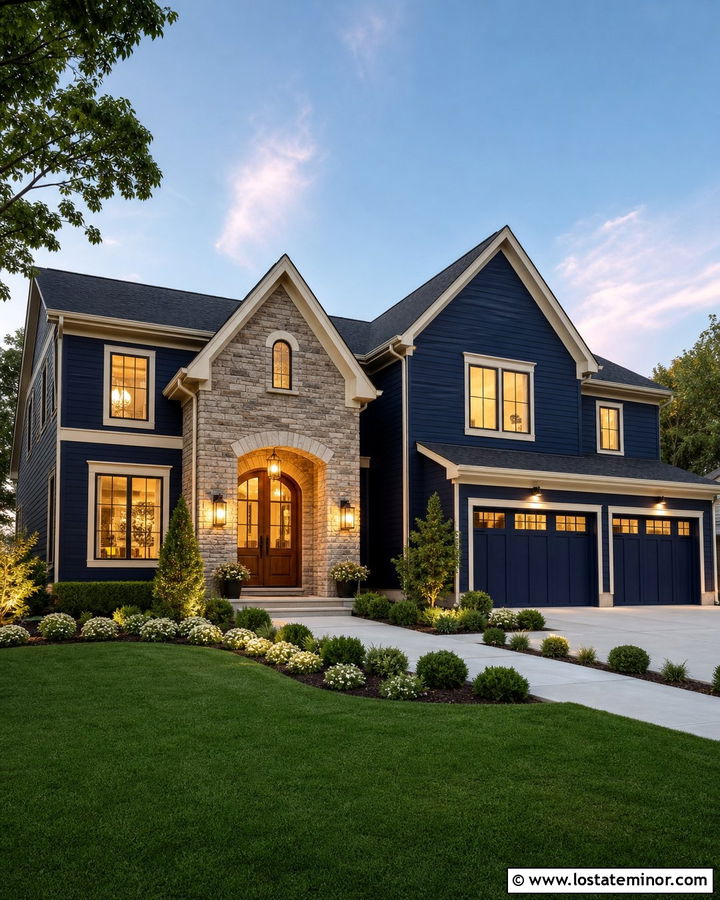 Midnight Blue House With Natural Stone Entry Gable - 30 Midnight Blue House Design With Gables Ideas