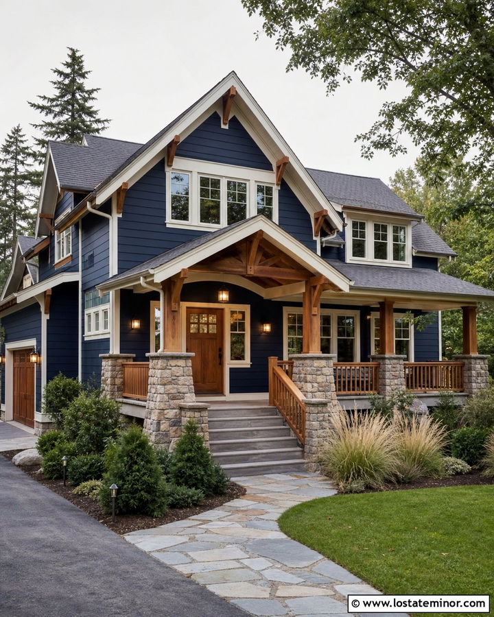 Midnight Blue House With Natural Wood Front Door - 30 Midnight Blue House Design With Front Door Ideas