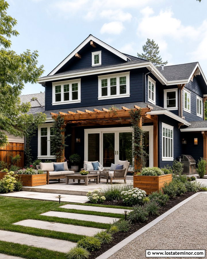 Midnight Blue House With Natural Wood Pergola - 30 Midnight Blue House Design With Backyard Ideas