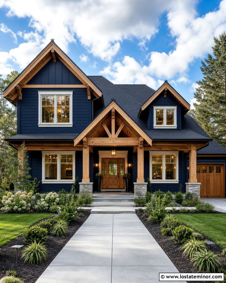 Midnight Blue House With Natural Wood Porch - 30 Midnight Blue House Design With Front Porch Ideas