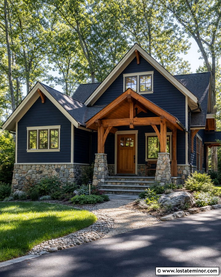 Midnight Blue House With Natural Wood Portico - 30 Midnight Blue House Design With Portico Ideas