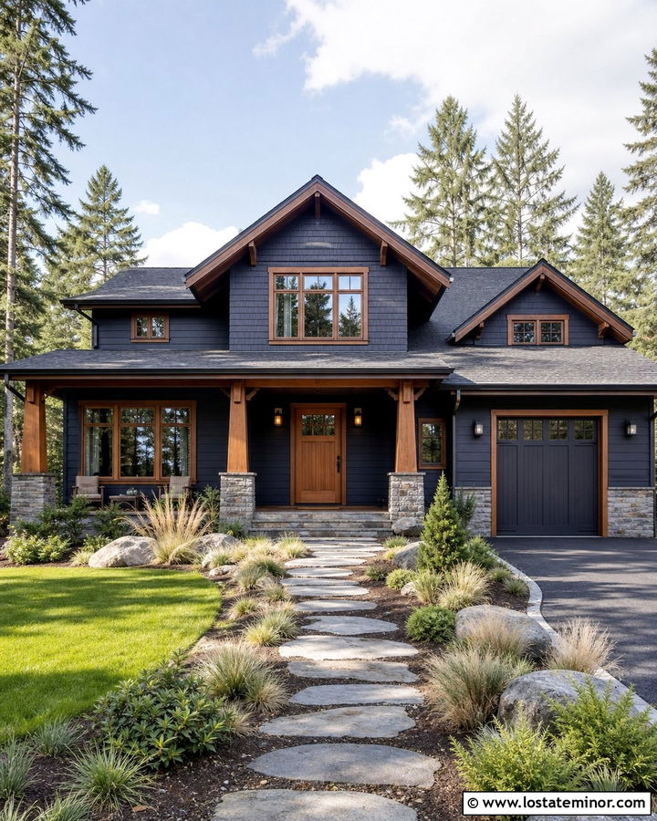 Midnight Blue House With Natural Wood Window Frames - 30 Midnight Blue House Design With Window Frames Ideas