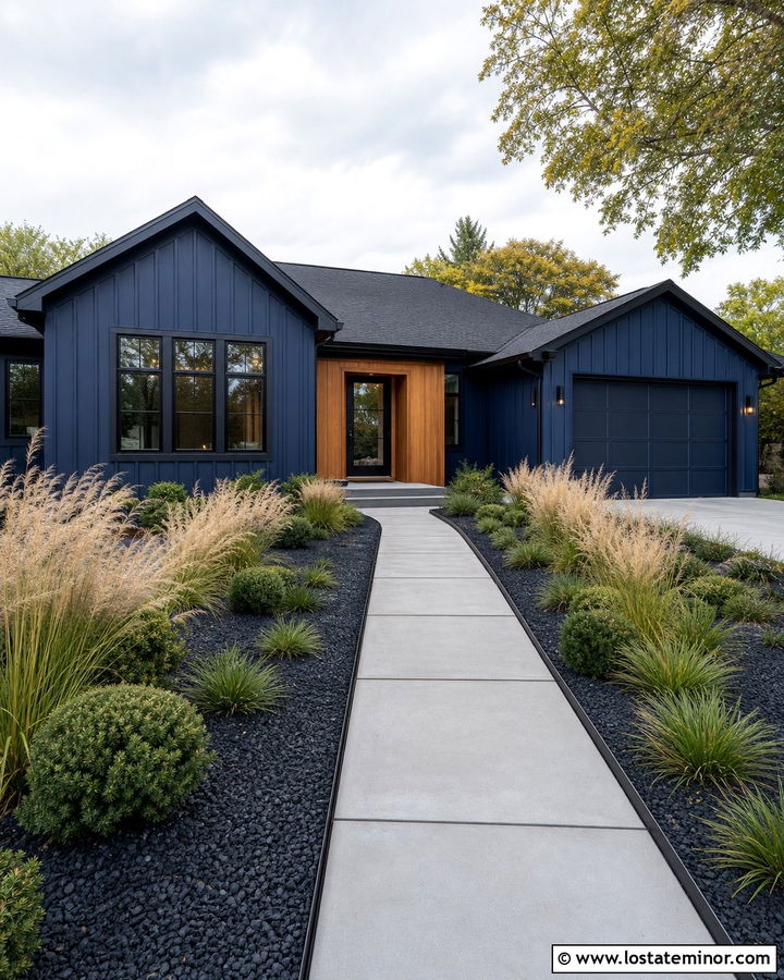 Midnight Blue House With Ornamental Grass Yard - 30 Midnight Blue House Design With Front Yard Ideas
