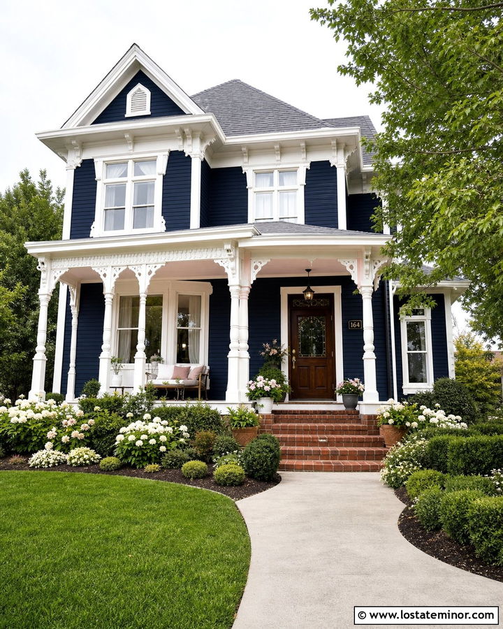 Midnight Blue House With Pale Pink Porch Ceiling - 30 Midnight Blue House Design With Porch Ceiling Ideas