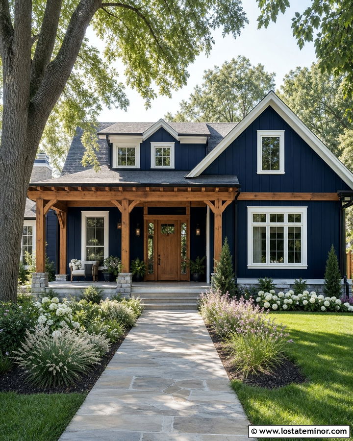 Midnight Blue House With Pergola Front Porch - 30 Midnight Blue House Design With Front Porch Ideas