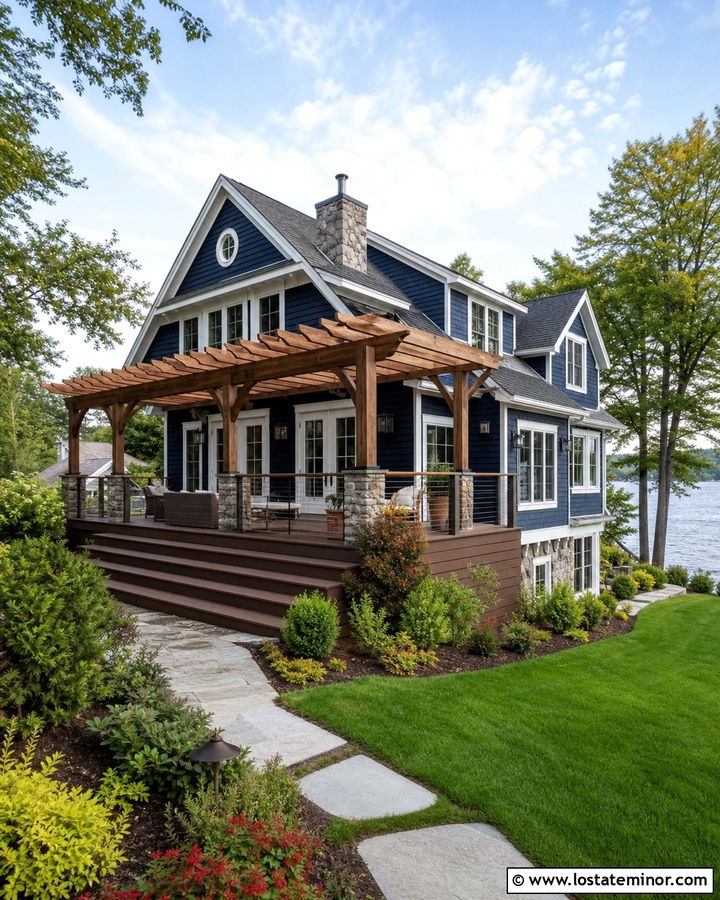 Midnight Blue House With Pergola Over Deck - 30 Midnight Blue House Design With Pergola Ideas