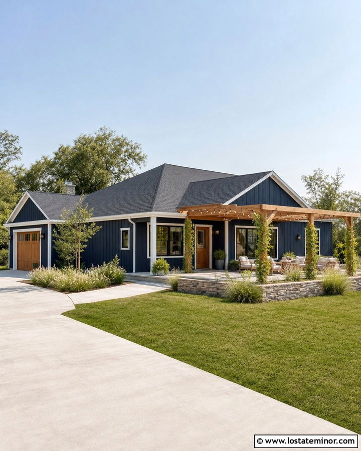Midnight Blue House With Pergola String Lights - 30 Midnight Blue House Design With Lighting Ideas