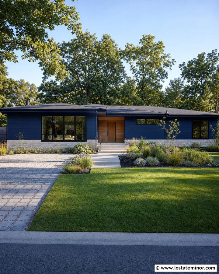 Midnight Blue House With Permeable Paver Driveway - 30 Midnight Blue House Design With Driveway Ideas