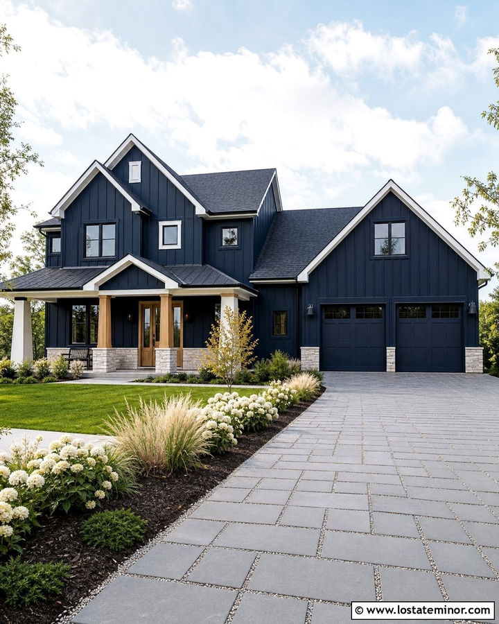 Midnight Blue House With Permeable Paver Walkway - 30 Midnight Blue House Design With Walkway Ideas