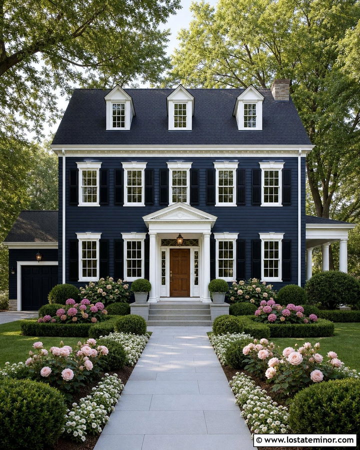 Midnight Blue House With Pink Flower Landscaping - 30 Midnight Blue House Design With Landscaping Ideas