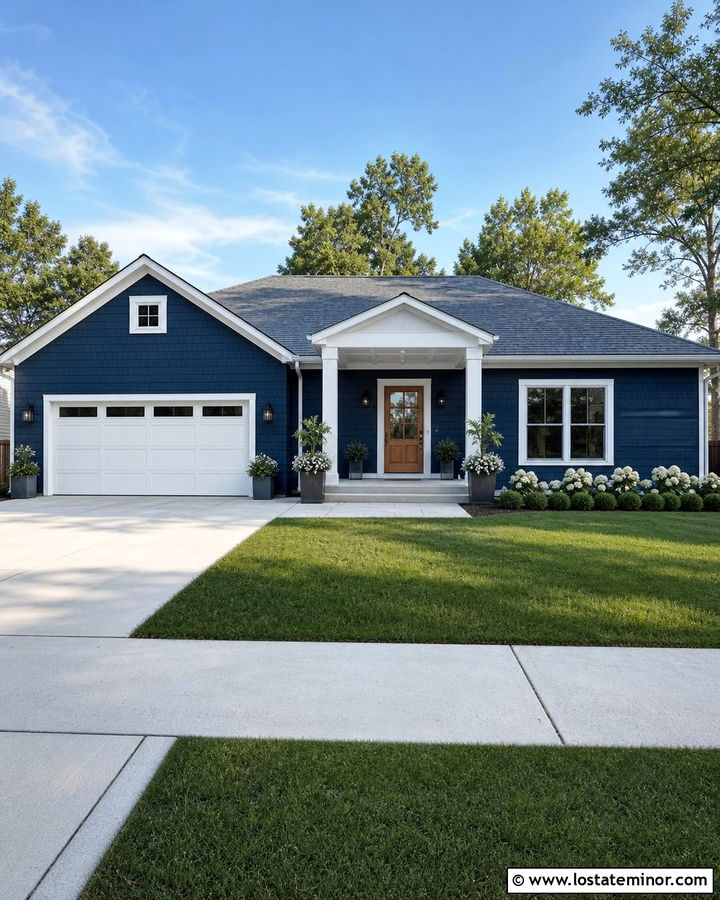 Midnight Blue House With Plywood Panel Porch Ceiling - 30 Midnight Blue House Design With Porch Ceiling Ideas