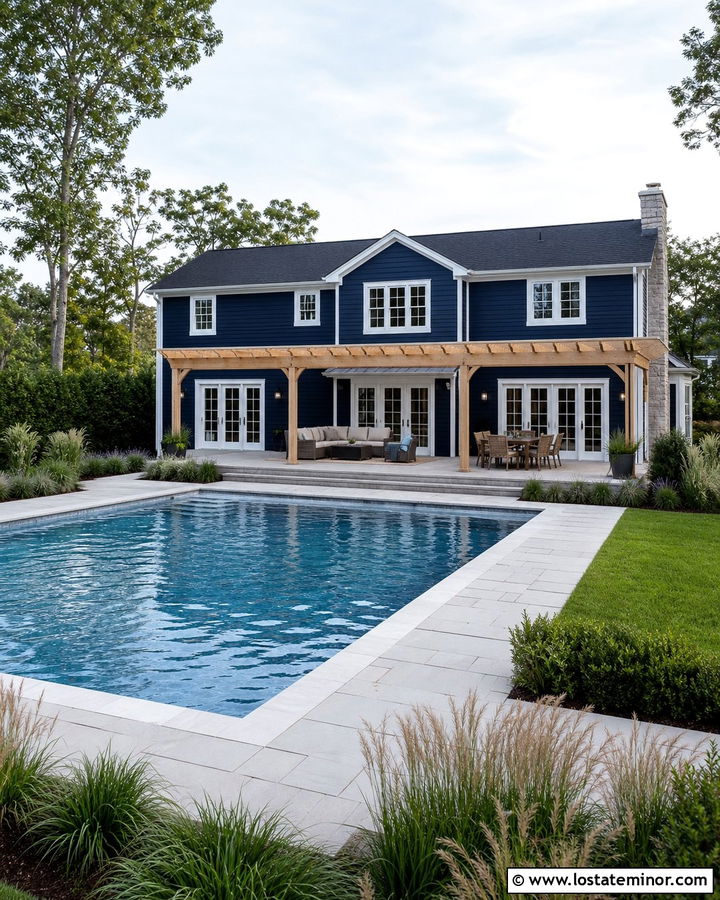 Midnight Blue House With Poolside Pergola - 30 Midnight Blue House Design With Pergola Ideas