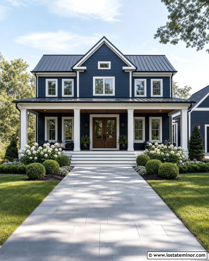 Midnight Blue House With Porch Connected Walkway - 30 Midnight Blue House Design With Walkway Ideas