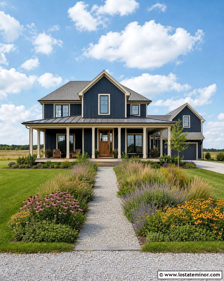Midnight Blue House With Prairie Garden Landscaping - 30 Midnight Blue House Design With Landscaping Ideas