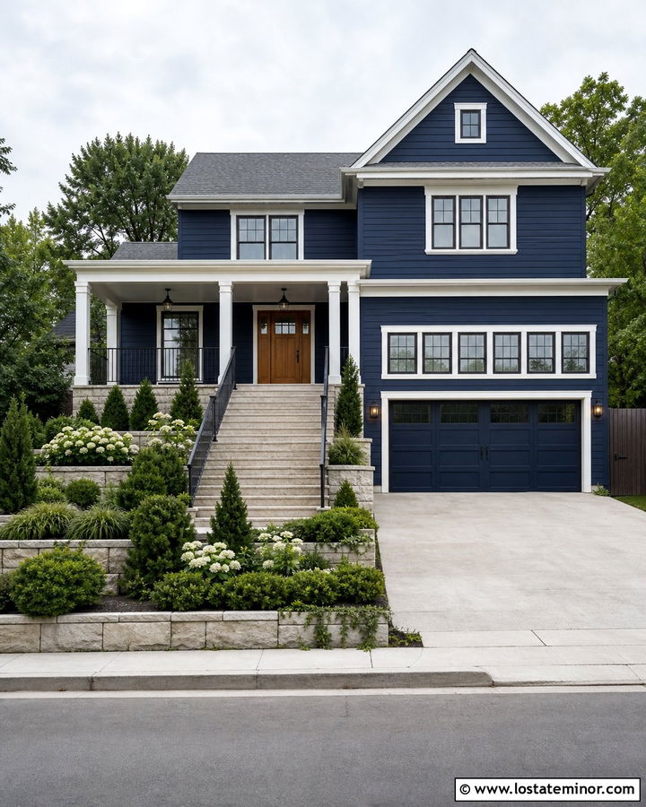 Midnight Blue House With Raised Front Beds - 30 Midnight Blue House Design With Front Yard Ideas