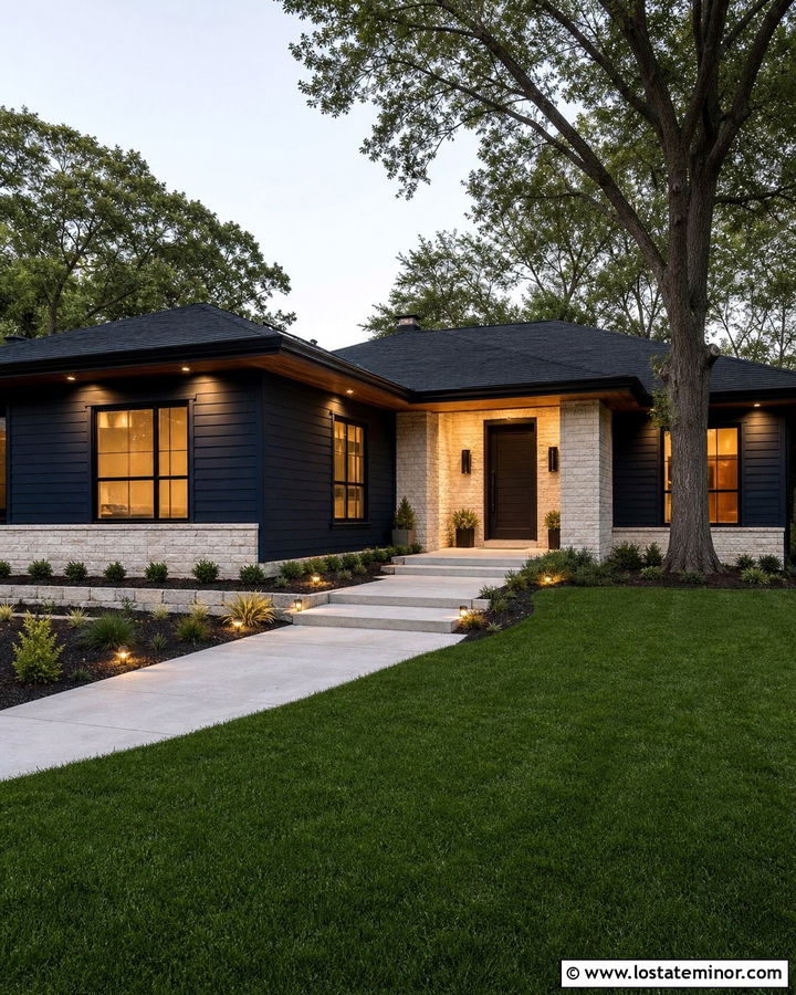 Midnight Blue House With Recessed Porch Lighting - 30 Midnight Blue House Design With Light Fixtures Ideas
