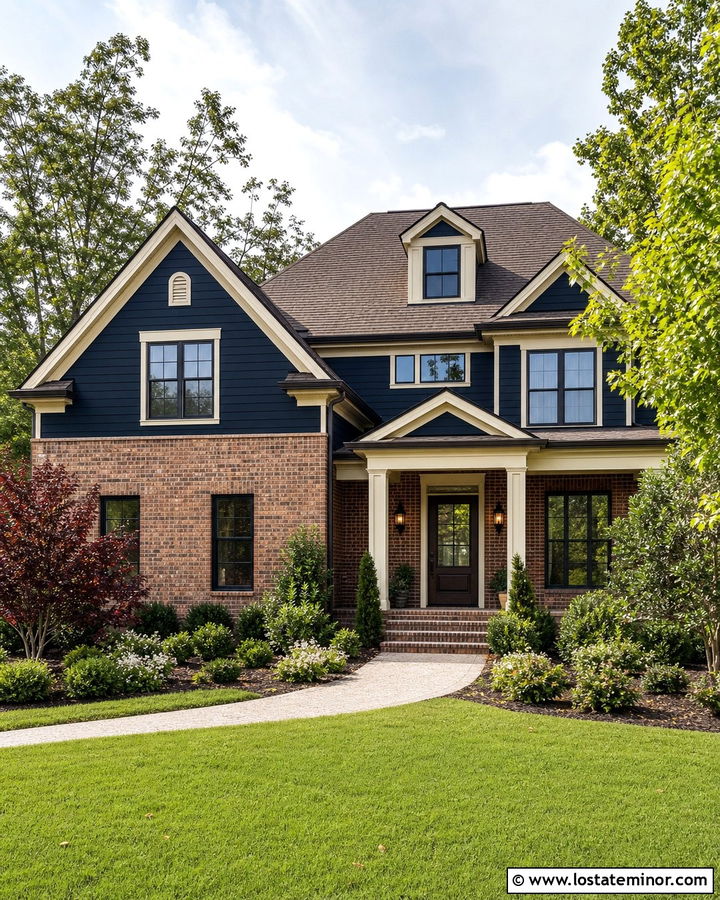 Midnight Blue House With Red Brick And Bronze Lights - 30 Midnight Blue House Design With Lighting Ideas