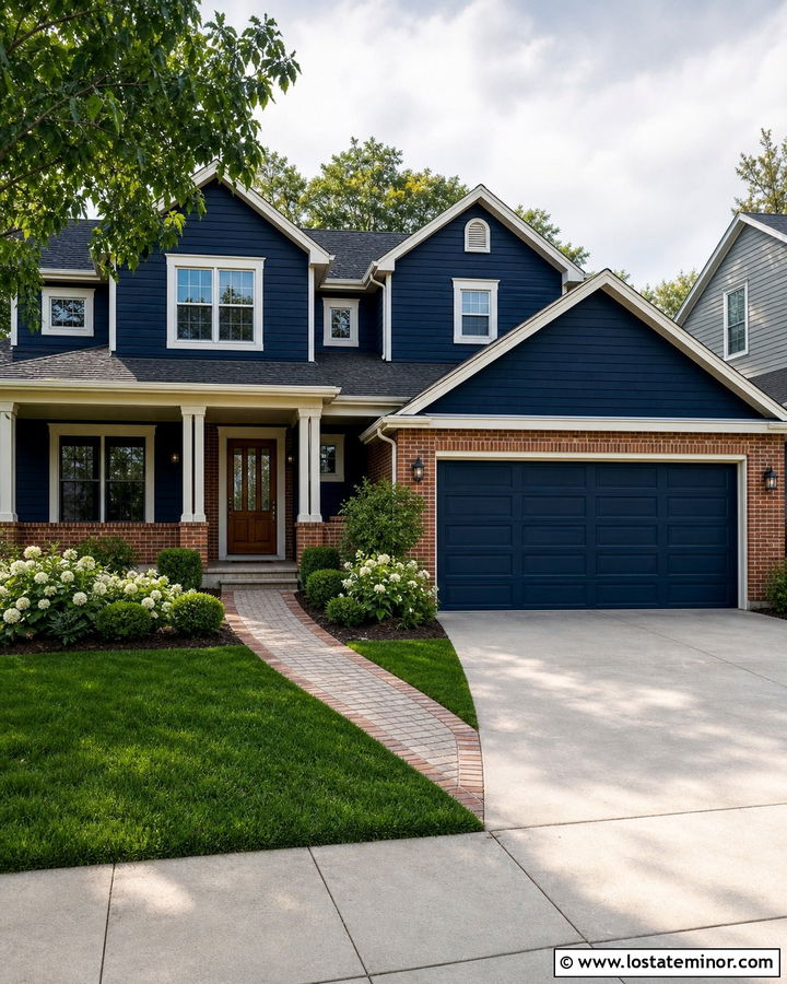 Midnight Blue House With Red Brick And Concrete Driveway - 30 Midnight Blue House Design With Driveway Ideas