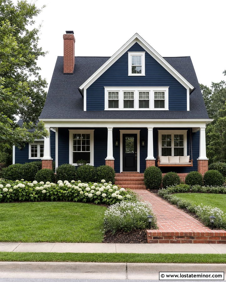 Midnight Blue House With Red Brick And Swing - 30 Midnight Blue House Design With Swing Ideas