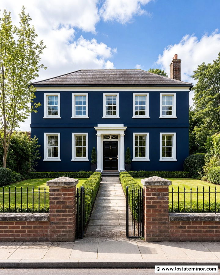 Midnight Blue House With Red Brick Fence - 30 Midnight Blue House Design With Fence Ideas