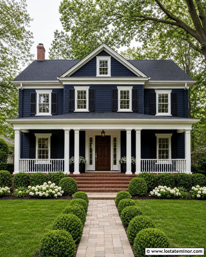 Midnight Blue House With Red Brick Porch - 30 Midnight Blue House Design With Front Porch Ideas