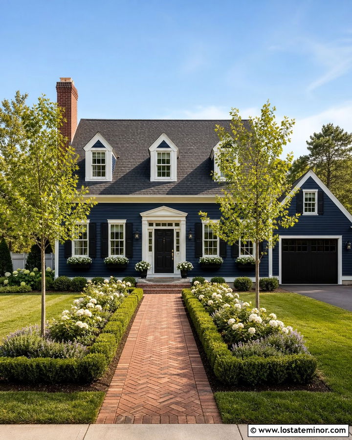 Midnight Blue House With Red Brick Walkway - 30 Midnight Blue House Design With Landscaping Ideas