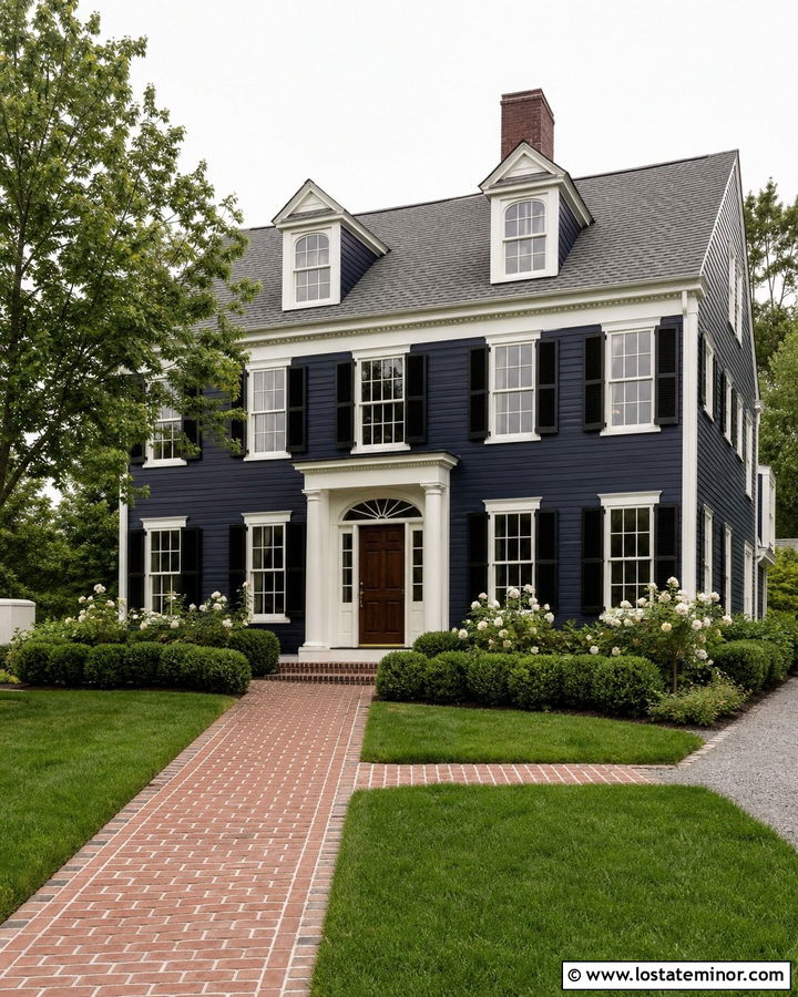 Midnight Blue House With Red Brick Walkway - 30 Midnight Blue House Design With Walkway Ideas