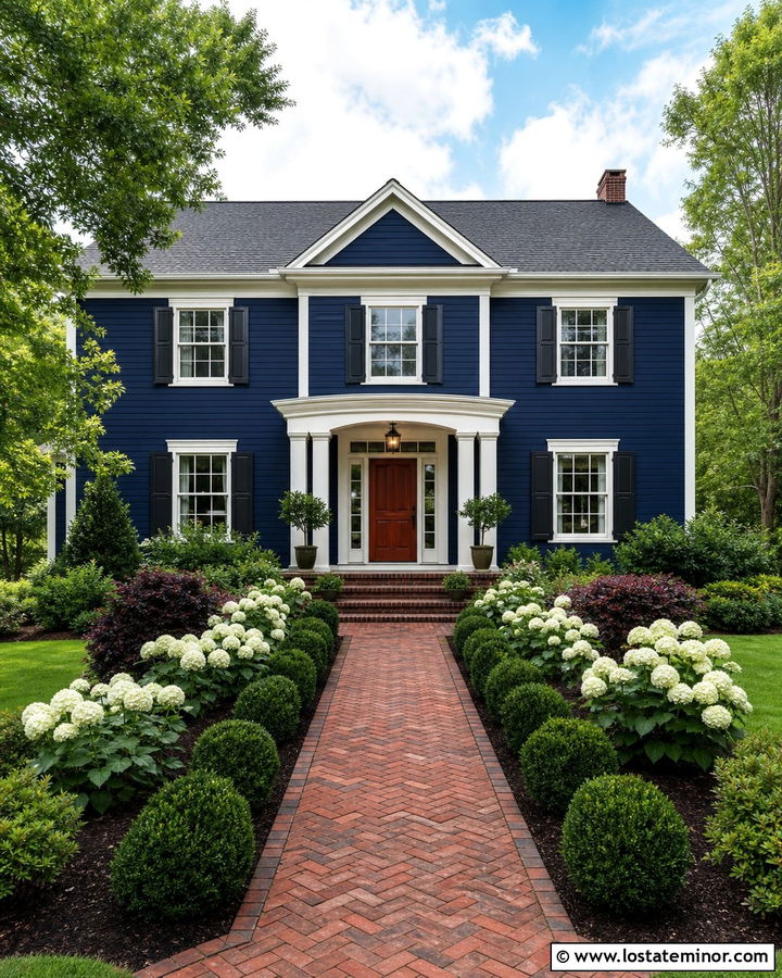 Midnight Blue House With Red Brick Walkway - 30 Midnight Blue House Design With Front Yard Ideas