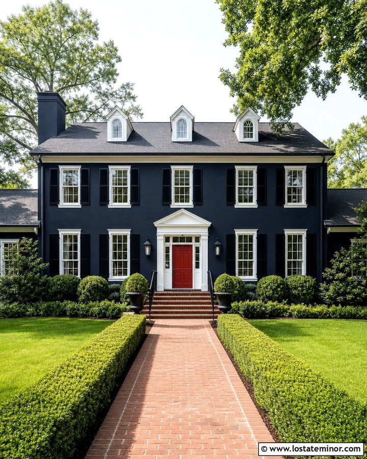 Midnight Blue House With Red Door And Black Lanterns - 30 Midnight Blue House Design With Lighting Ideas