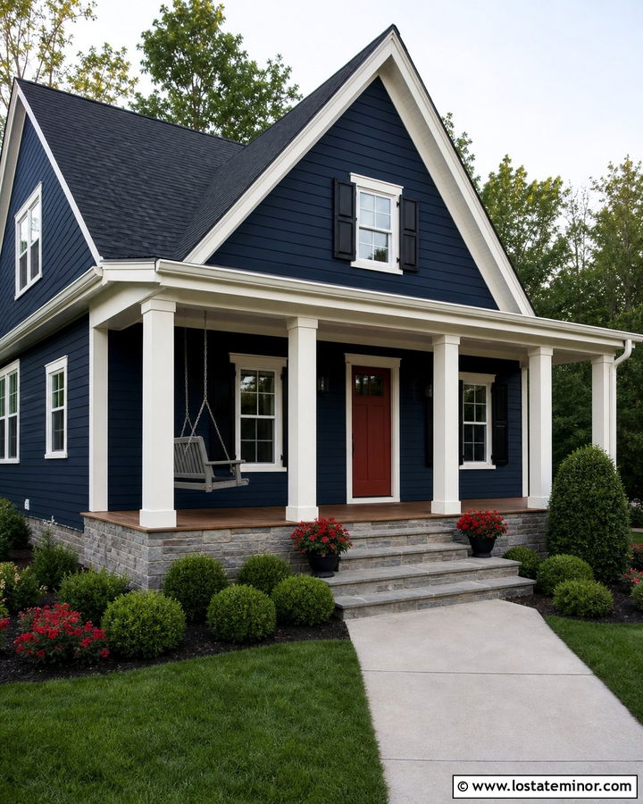 Midnight Blue House With Red Door And Gray Swing - 30 Midnight Blue House Design With Swing Ideas