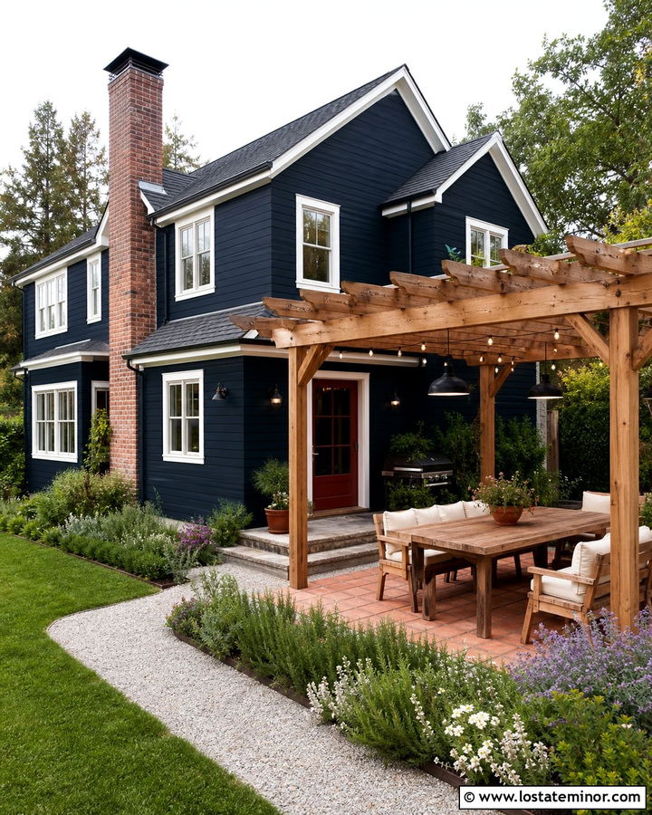 Midnight Blue House With Red Door And Picnic Pergola - 30 Midnight Blue House Design With Backyard Ideas