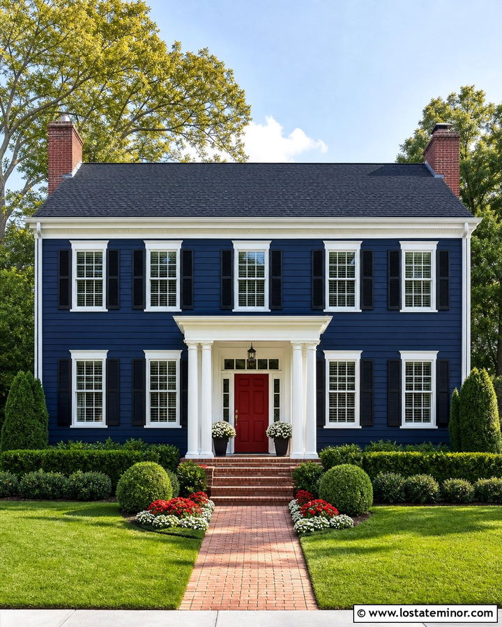 Midnight Blue House With Red Door And White Trim - 30 Midnight Blue House Design With Trim Ideas