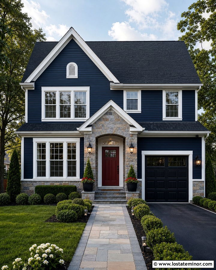 Midnight Blue House With Red Front Door And Stone - 30 Midnight Blue House Design With Stone Accents Ideas