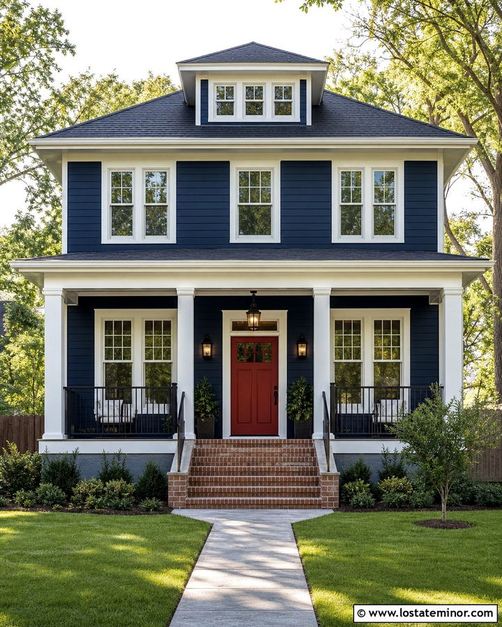 Midnight Blue House With Red Front Door and Lanterns - 30 Midnight Blue House Design With Light Fixtures Ideas